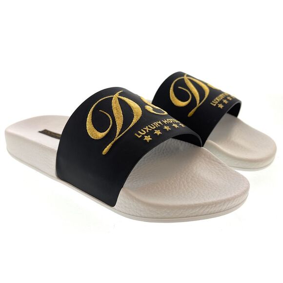 Dolce & Gabbana Men's Black & White Logo Slides Gold Embroidery -EU39